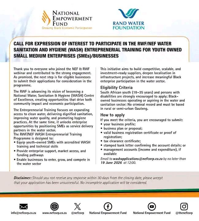RWF/NEF WASH Entrepreneurial Training Programme 2026: Opportunity for Youth-Owned SMEs in Gauteng